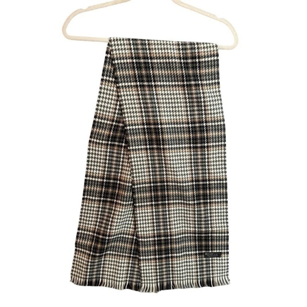 Forecaster of Boston Plaid Acrylic Scarf Fringe Tan Black White Warm Cozy